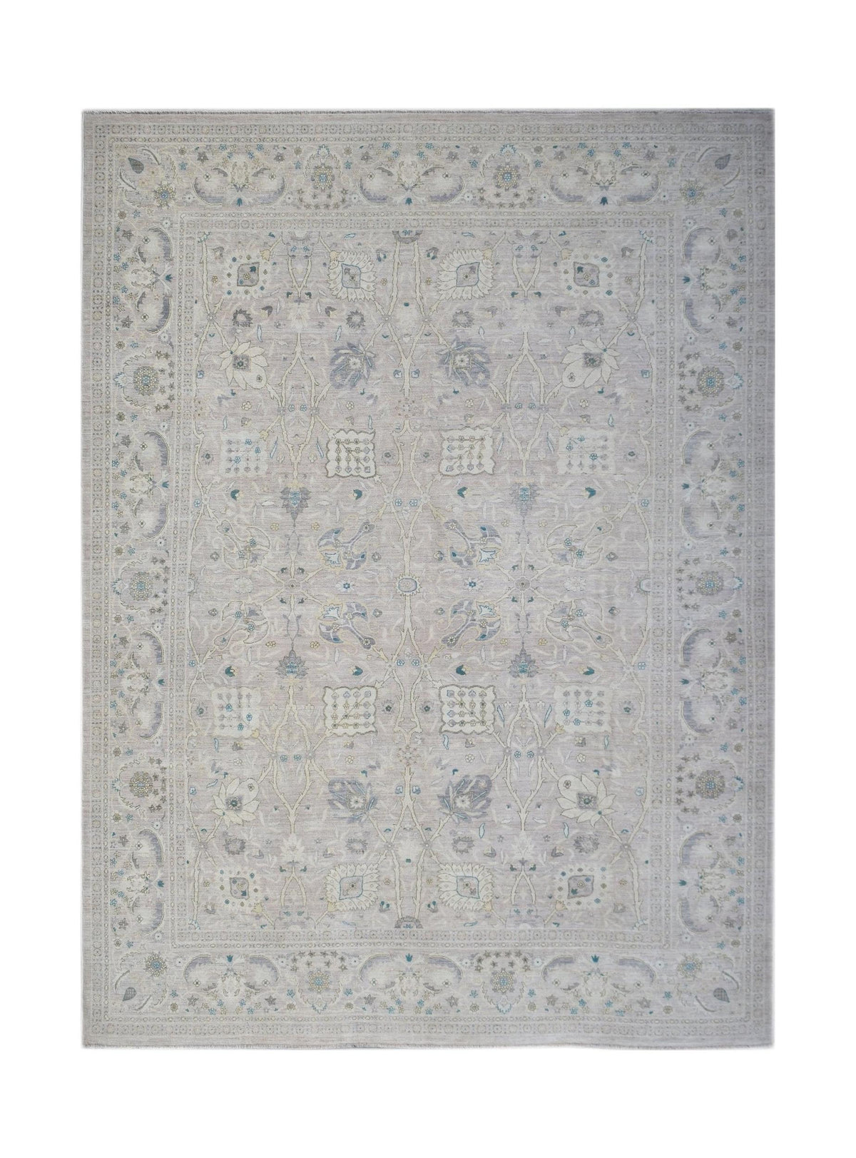 Hand-knotted Afghan Balkh rug in soft grey and blue tones with a fine, intricate floral pattern and detailed border.