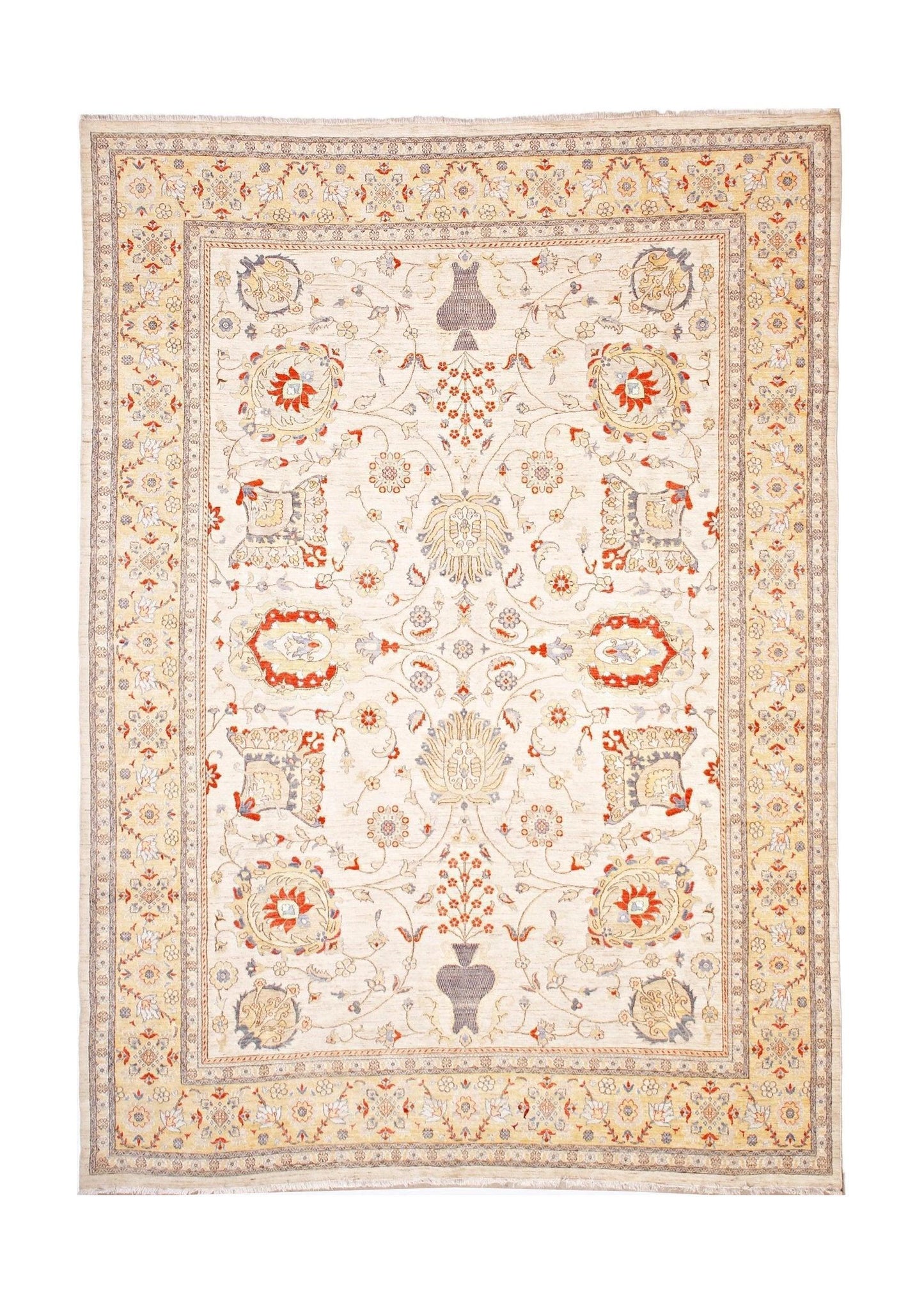 An Afghan Balkh rug featuring a traditional floral pattern in soft earth tones on a cream field.