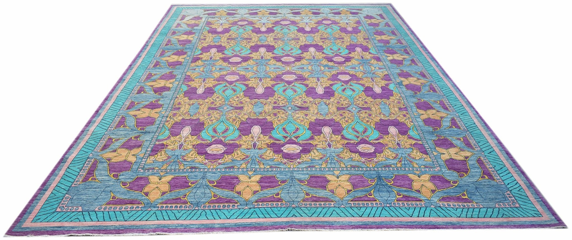 Handwoven Afghan Balkh rug featuring a vibrant floral pattern in purple, blue, and gold tones.