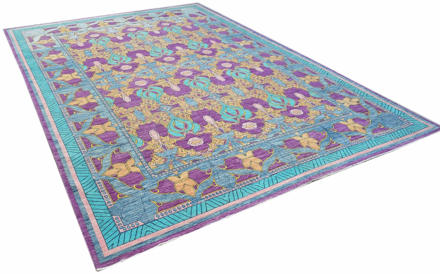 Handwoven Afghan Balkh rug featuring a floral pattern in purple, teal, and gold tones.