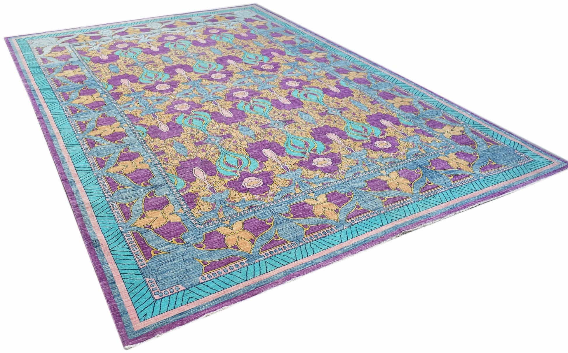 Handwoven Afghan Balkh rug featuring a floral pattern in purple, teal, and gold tones.