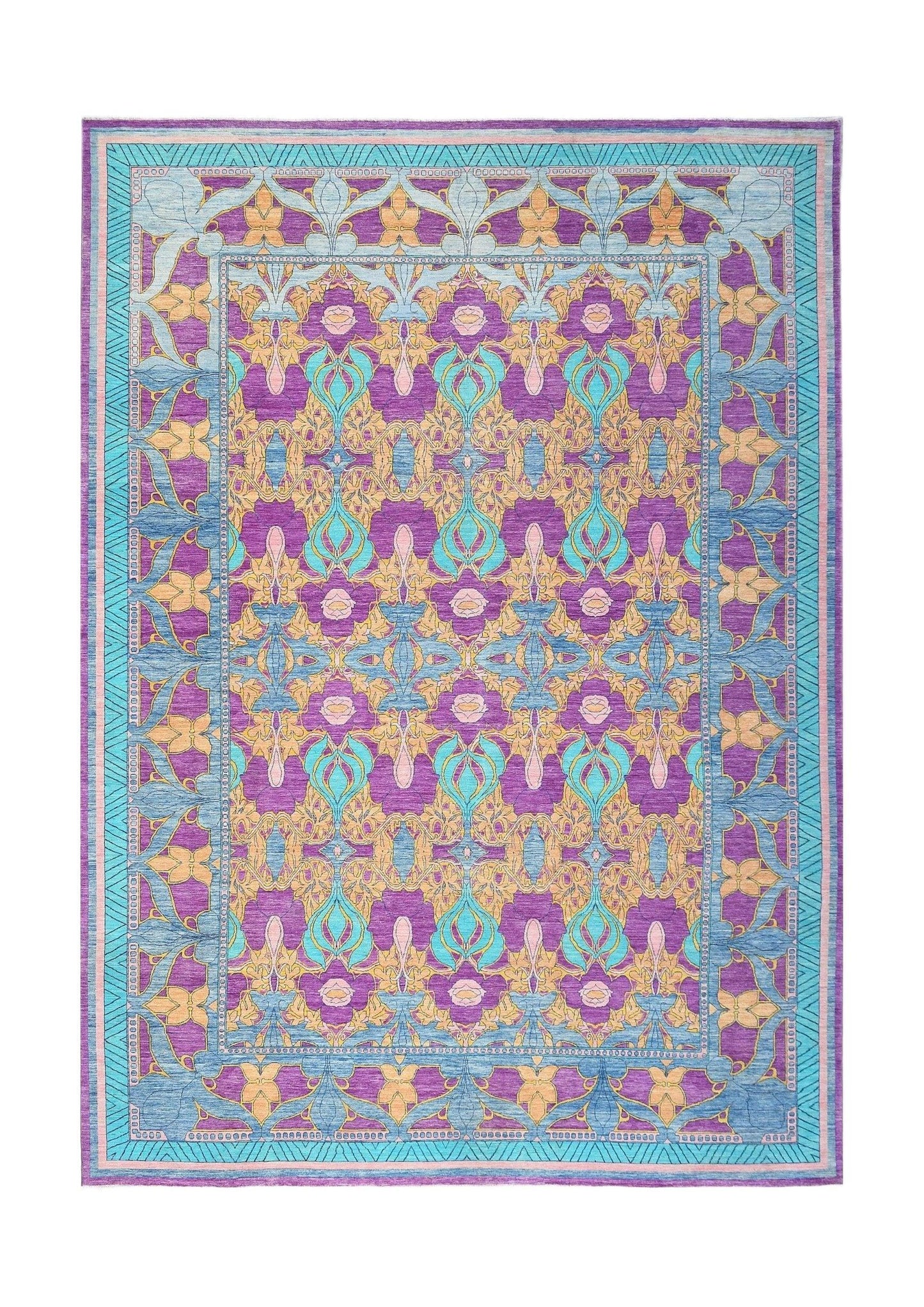 Handwoven Afghan Balkh rug featuring a vibrant floral pattern in purple, blue, and gold tones.