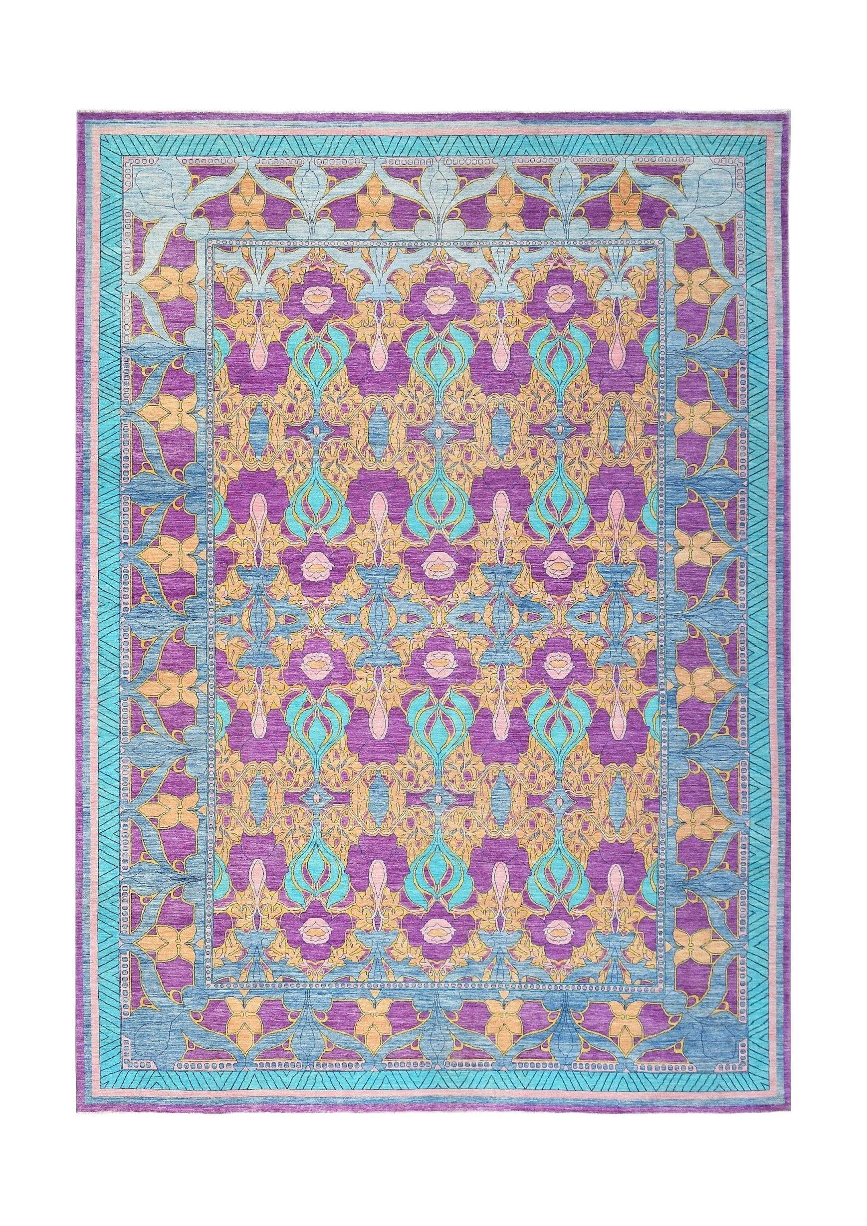 Handwoven Afghan Balkh rug featuring a vibrant floral pattern in purple, blue, and gold tones.
