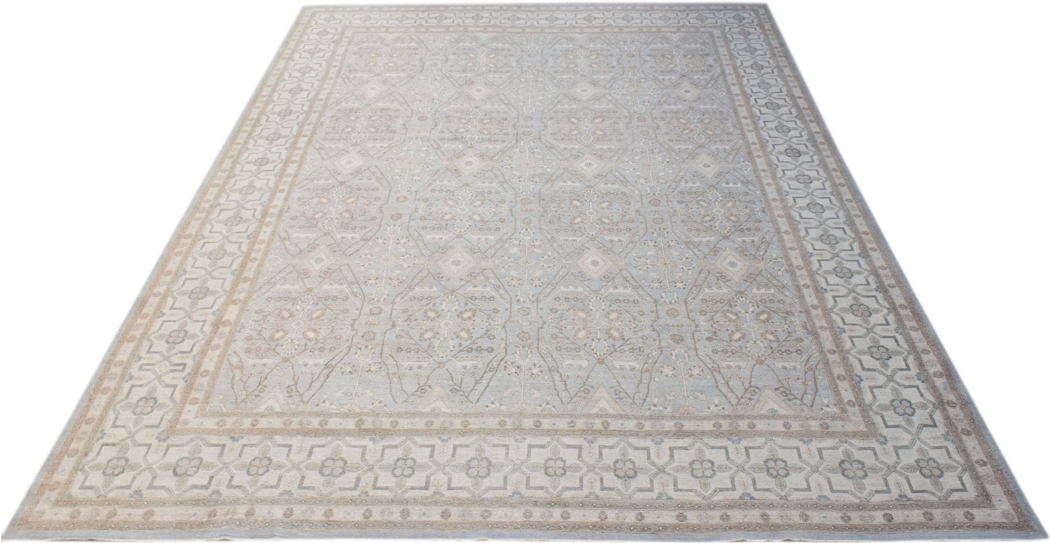 A large, rectangular Afghan Balkh rug featuring a traditional light blue and beige floral pattern.