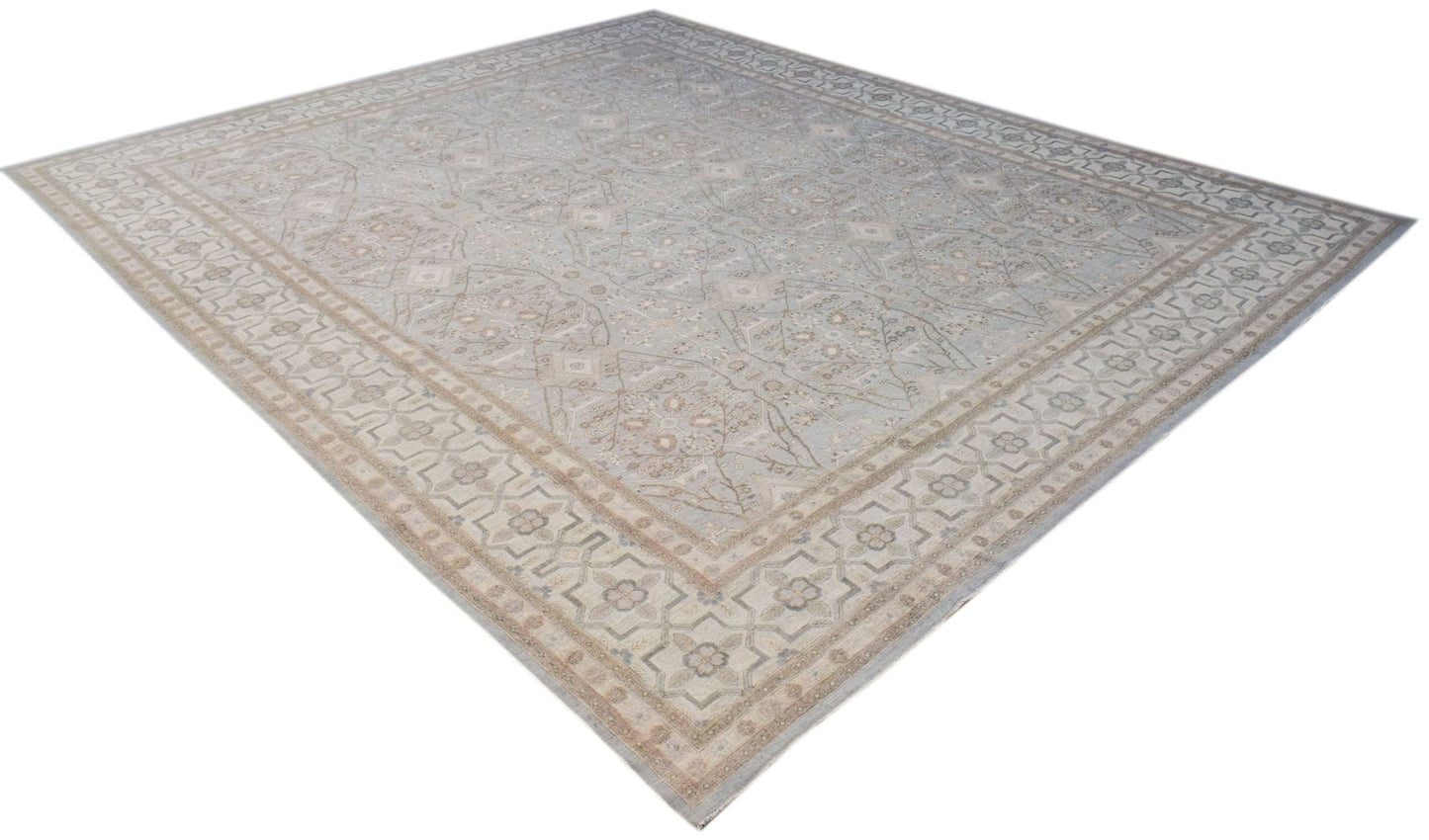 A large, rectangular Afghan Balkh rug featuring a traditional floral pattern in soft blue and beige.