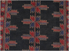 Handmade Afghan Baluch rug featuring a dark field with repeating geometric floral motifs.