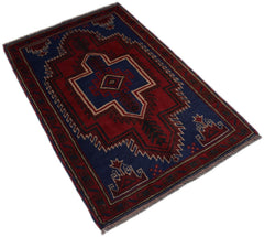 Handmade Afghan Baluch wool rug featuring a geometric tribal pattern in red, blue, and ivory.