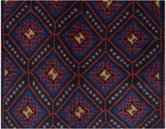 Handmade Afghan Baluch rug featuring a repeating diamond pattern in dark blue, red, and ivory.