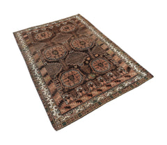 Handmade Afghan Baluch wool rug featuring a geometric pattern in shades of brown and terracotta.