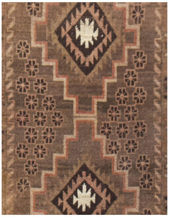 Handmade Afghan Baluch rug featuring a brown field with geometric diamond motifs and floral accents.