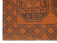 Handmade Afghan Baluch rug featuring a geometric pattern in shades of rust orange and dark brown.