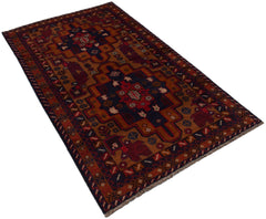 Handmade Afghan Baluch rug featuring a geometric tribal pattern in dark red, brown, and blue.