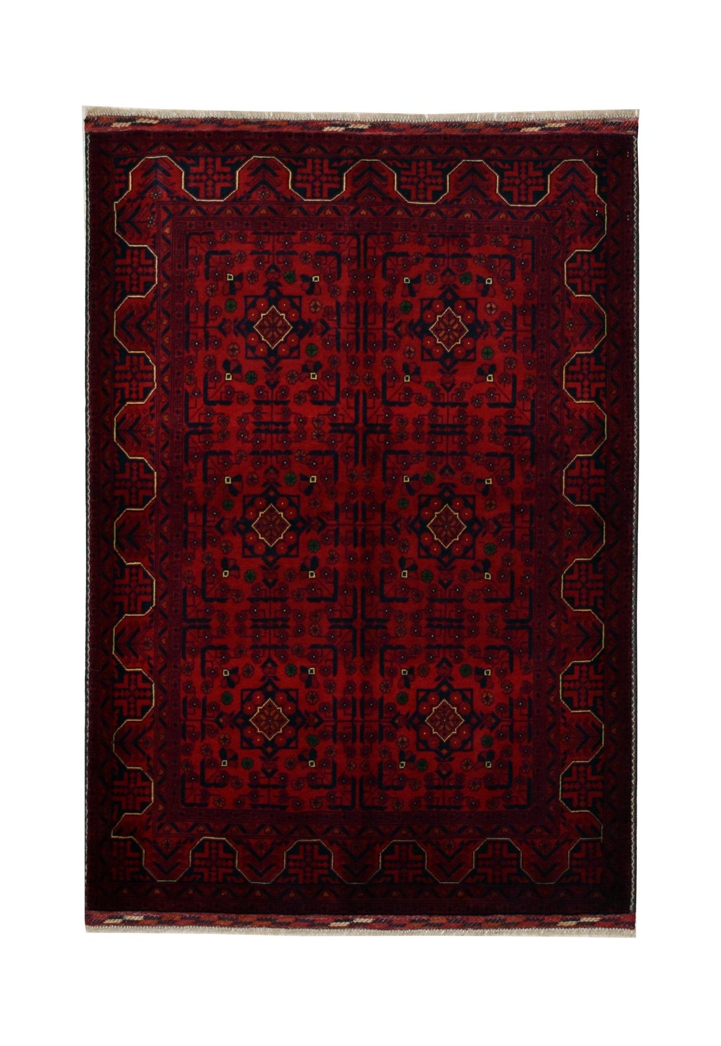 A handmade Afghan Biljik rug featuring a deep red field with intricate geometric patterns.