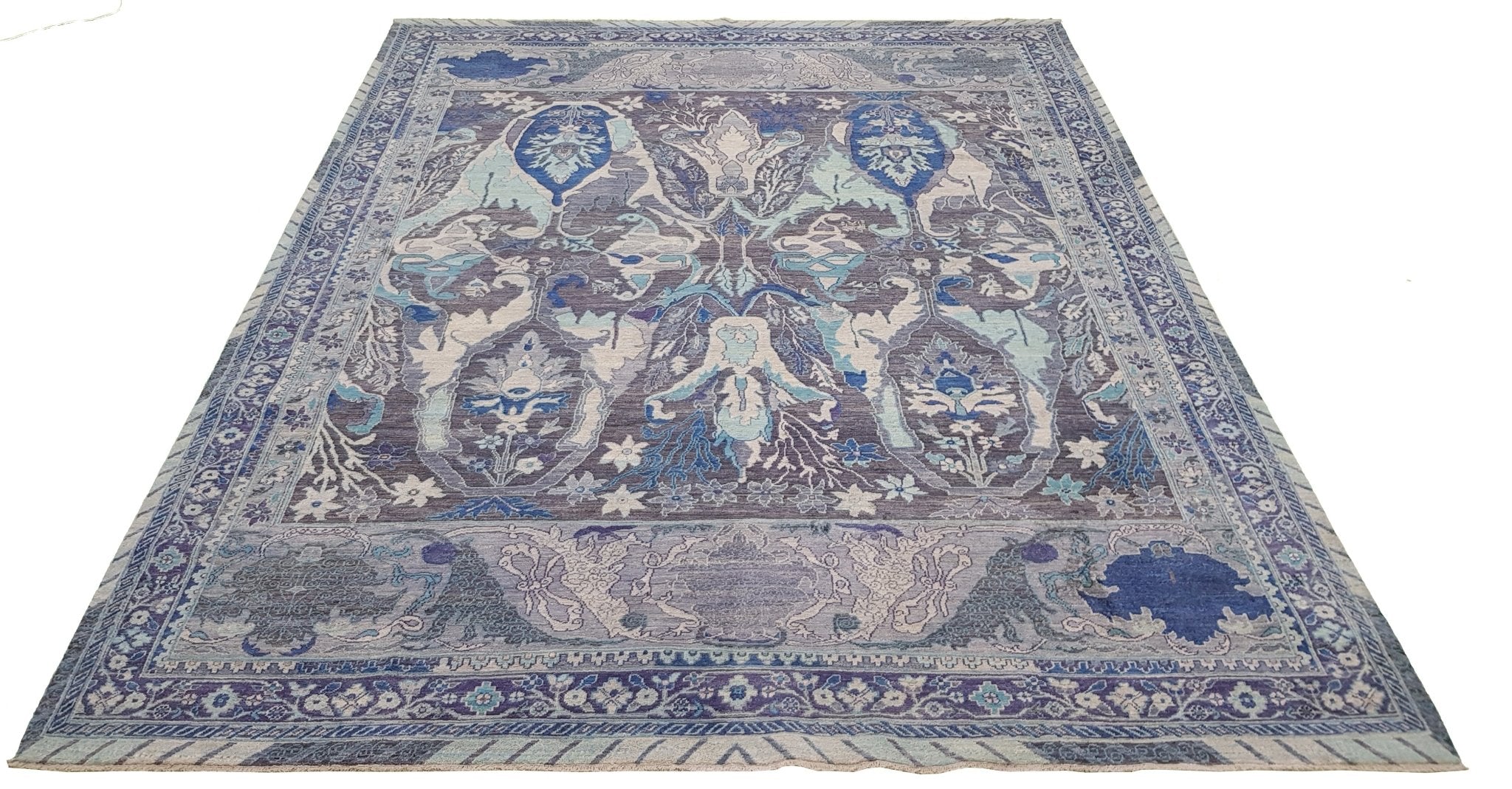 Handwoven Afghan Chobi rug featuring a traditional Bidjar pattern in shades of blue and grey.