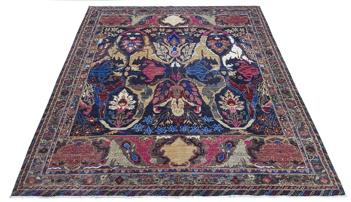 A rectangular Afghan Chobi rug featuring a traditional Bidjar pattern in deep blue and pink tones.