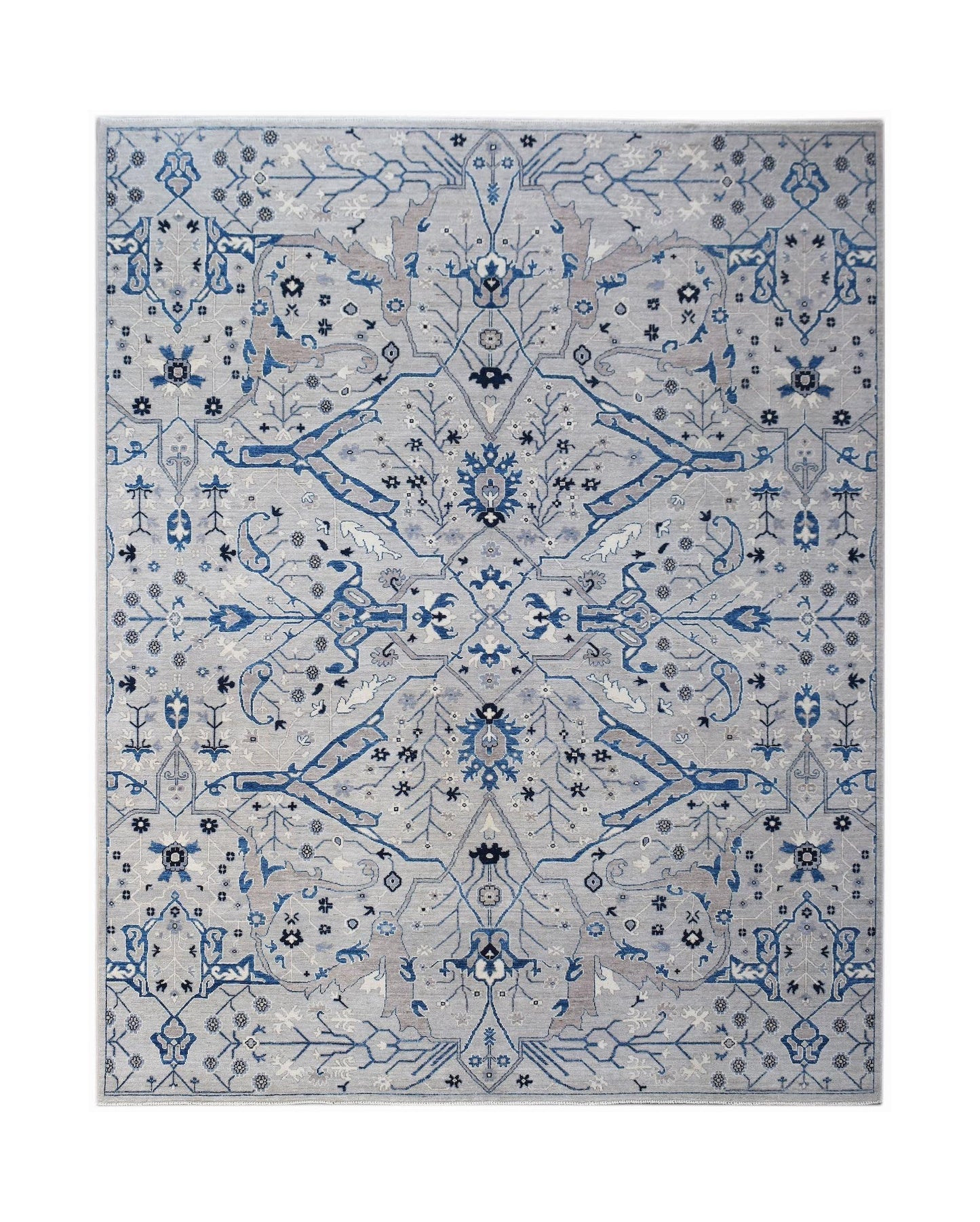 A rectangular Afghan Chobi rug featuring a traditional blue and grey floral pattern.