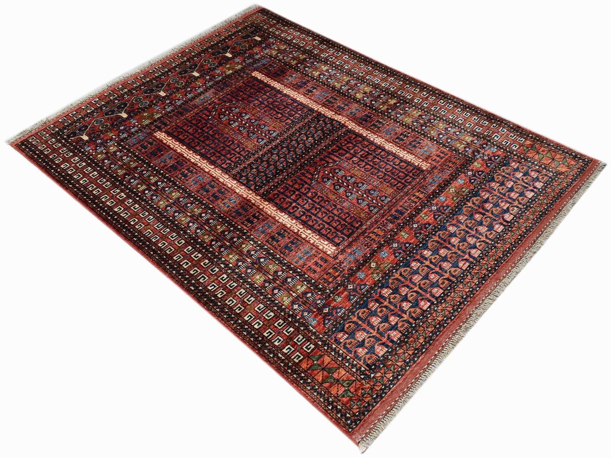 A rectangular Afghan Chobi rug featuring a traditional dark red and blue geometric Engsi pattern.