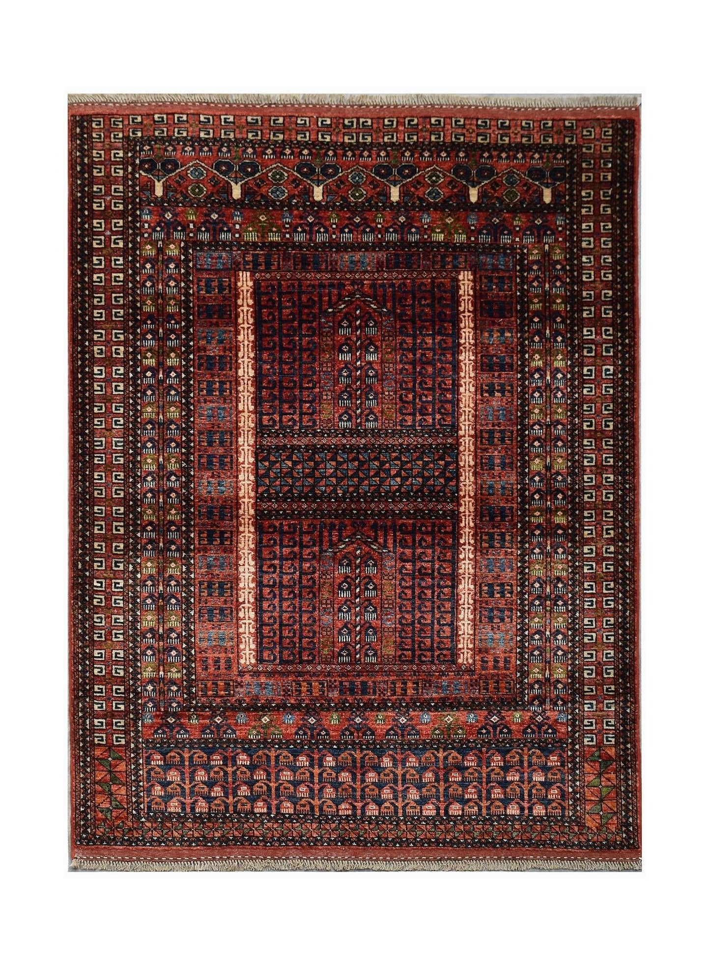 A rectangular Afghan Chobi rug featuring a traditional red and blue geometric Engsi pattern.