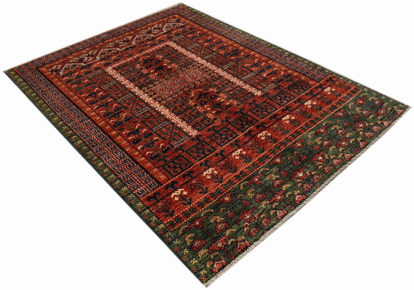 A handmade Afghan Chobi rug featuring a traditional red and green geometric Engsi pattern.
