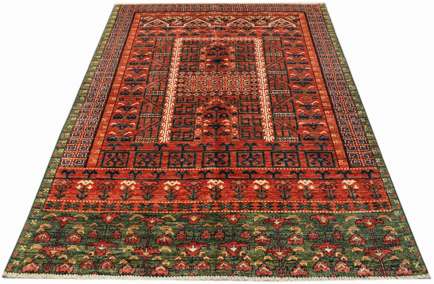 Handwoven Afghan Chobi rug featuring a traditional red and green geometric Engsi pattern.