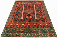 Handwoven Afghan Chobi rug featuring a traditional red and green geometric Engsi pattern.