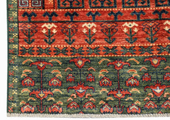 A handwoven Afghan Chobi rug featuring intricate floral patterns in red, green, and blue tones.