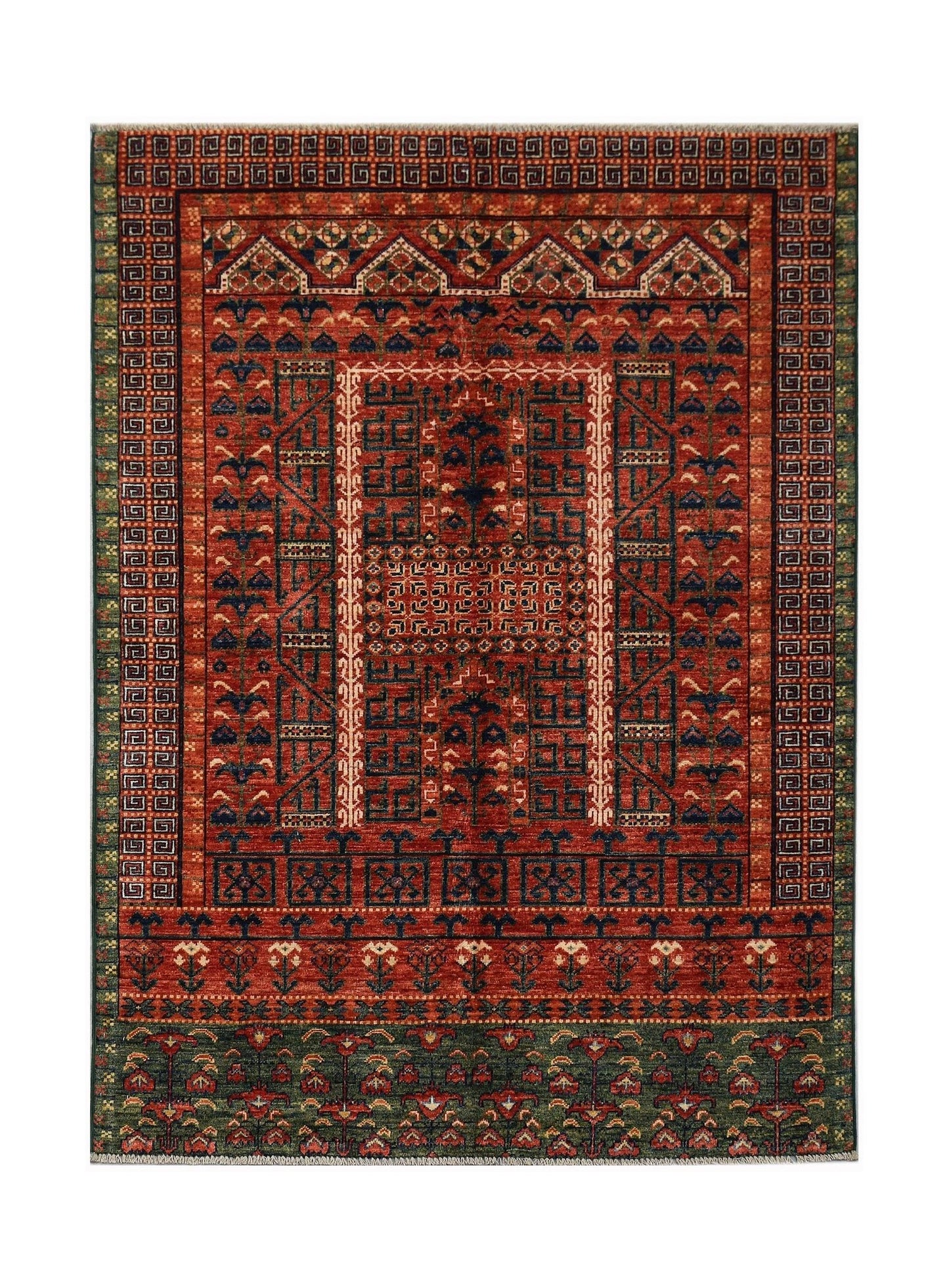Handwoven Afghan Chobi rug featuring a traditional red and blue geometric Engsi pattern.
