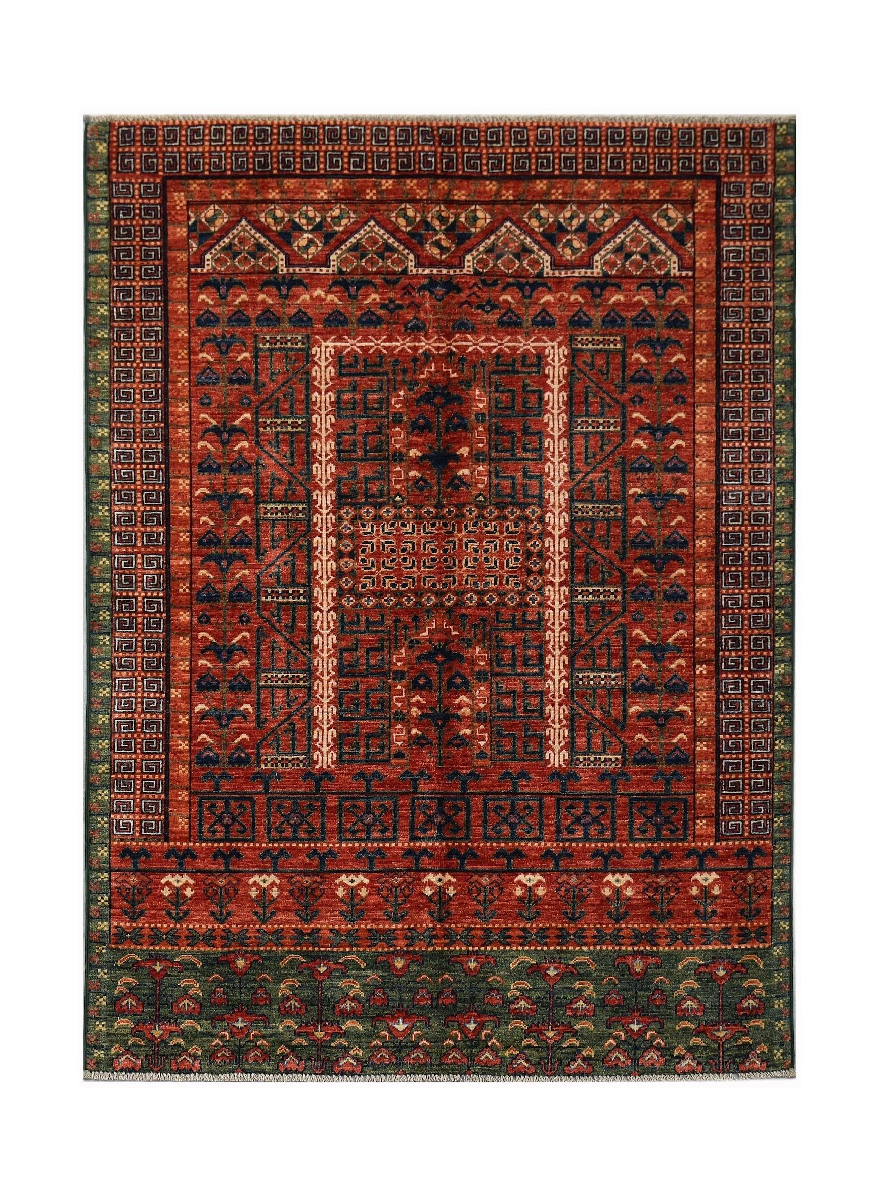Handwoven Afghan Chobi rug featuring a traditional red and blue geometric Engsi pattern.