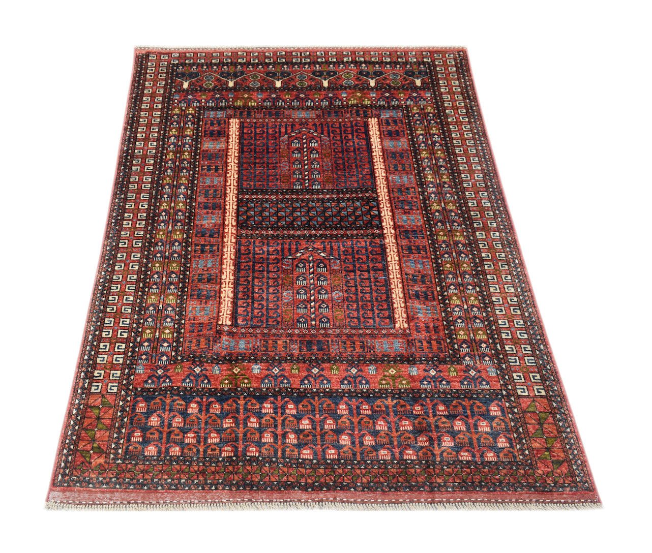 A rectangular Afghan Chobi rug featuring a traditional red and blue geometric Engsi pattern.