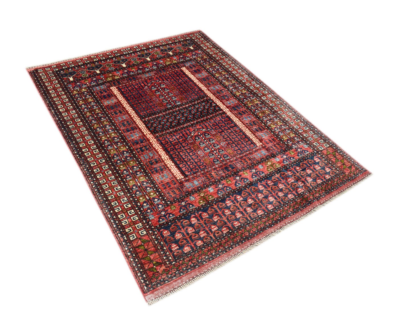 A rectangular Afghan Chobi rug featuring a traditional red and blue geometric Engsi pattern.