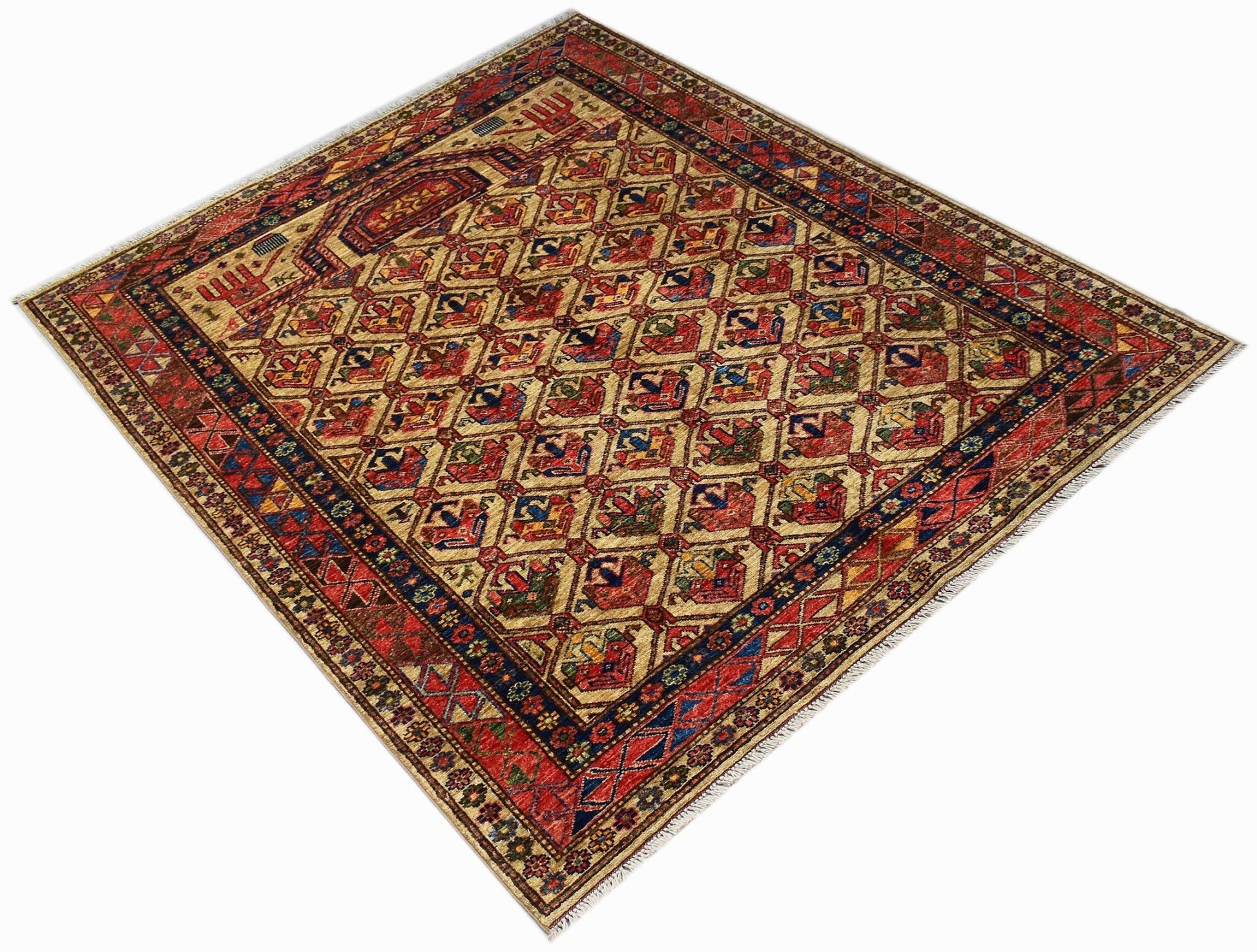 A handmade Afghan Chobi rug featuring a traditional geometric Engsi pattern in earthy tones.