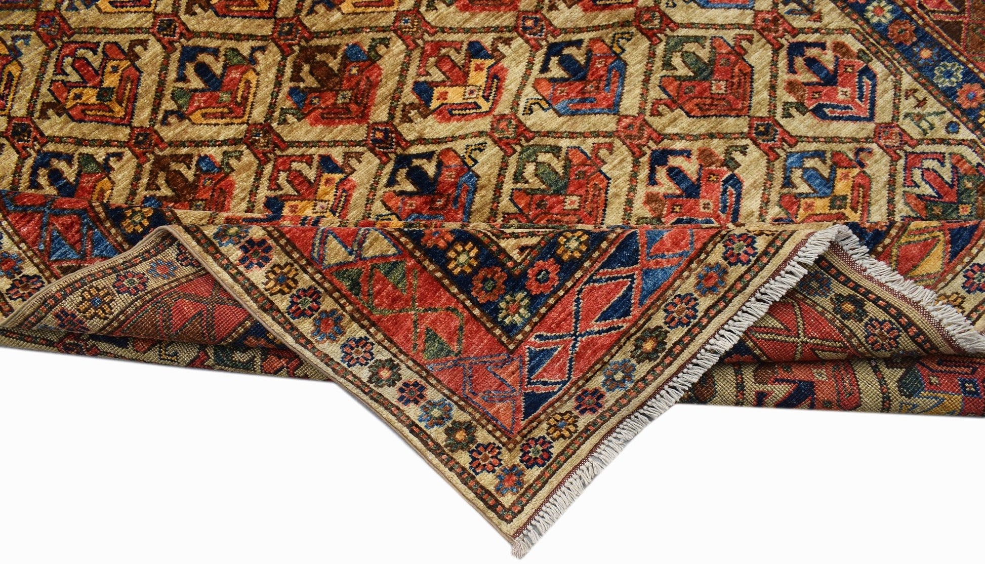 A handwoven Afghan Chobi rug featuring a geometric pattern in red, blue, and earthy tones.