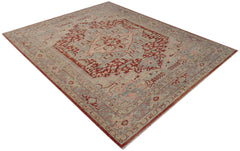A handwoven Afghan Chobi rug featuring a traditional Heriz pattern in red and muted blue tones.