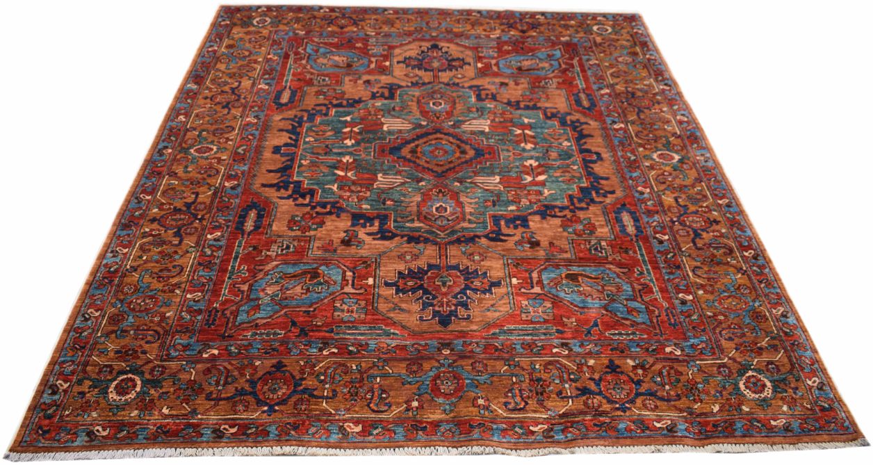 Handmade Afghan Chobi rug featuring a geometric Heriz pattern with a central medallion.
