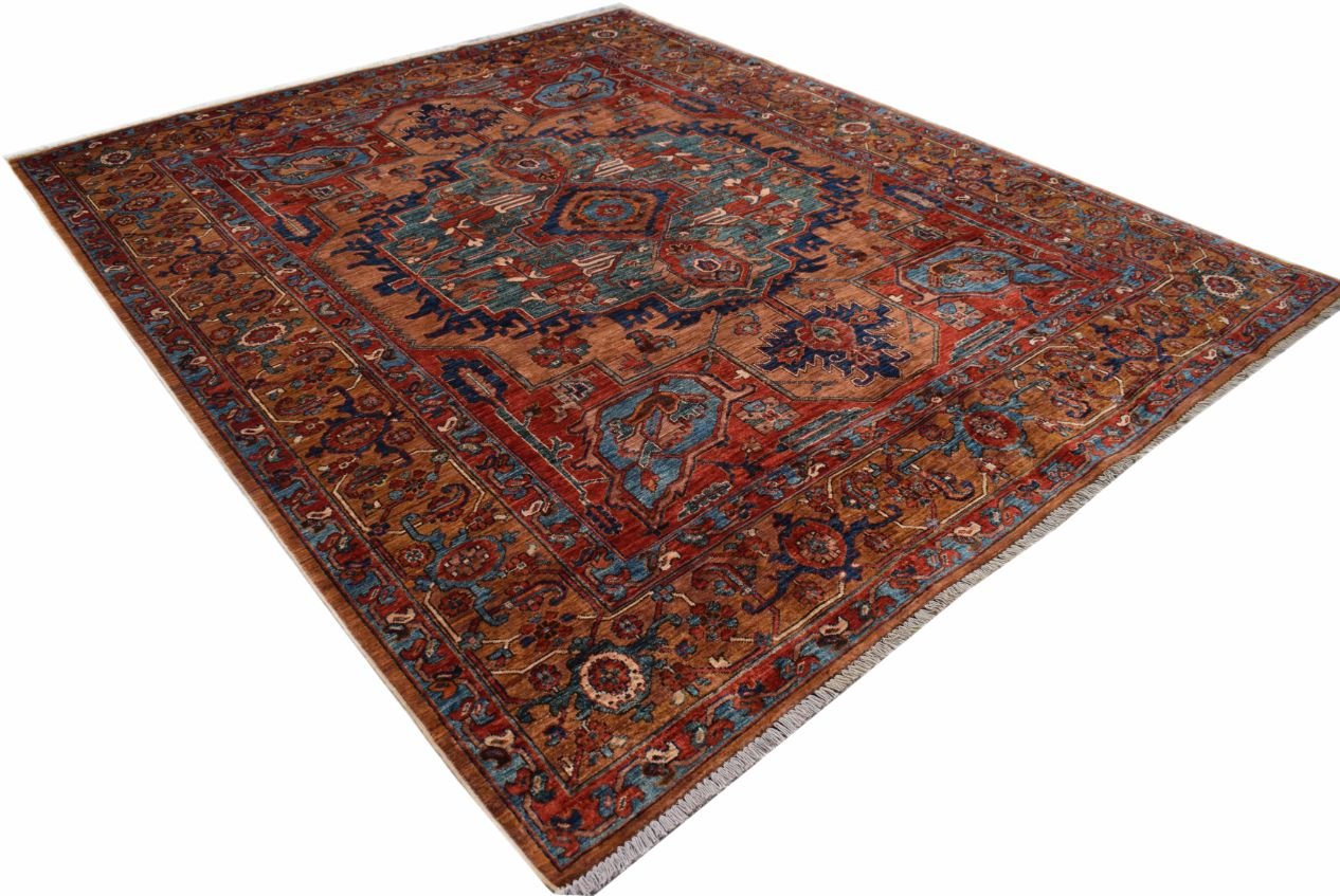 An Afghan Chobi rug featuring a large geometric medallion in shades of red, blue, and brown.