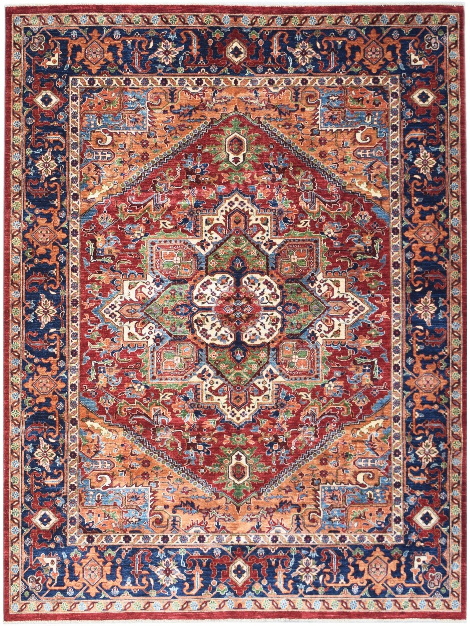 A rectangular Afghan Chobi rug featuring a traditional Heriz medallion pattern in red and blue.
