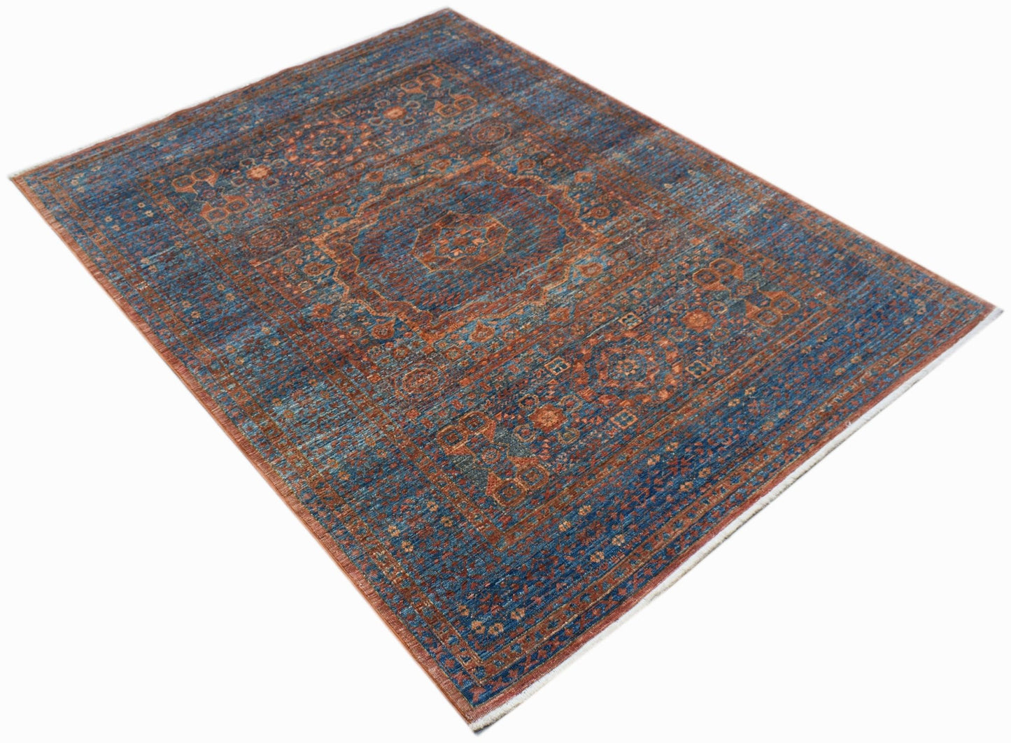 A rectangular Afghan Chobi rug featuring a traditional Mamluk medallion pattern in blue and rust.