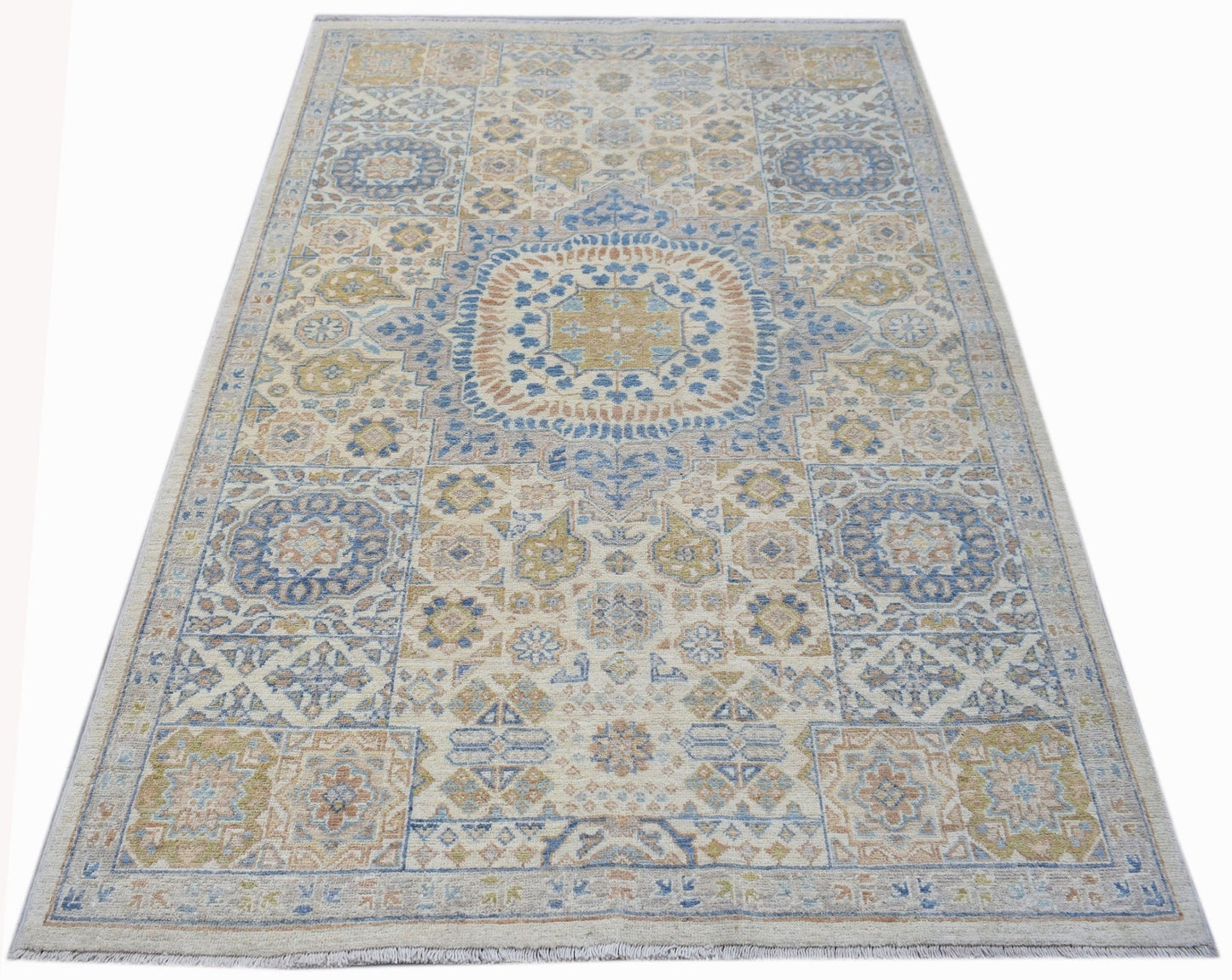 Handmade Afghan Chobi rug featuring a traditional Mamluk pattern in blue, gold, and beige tones.