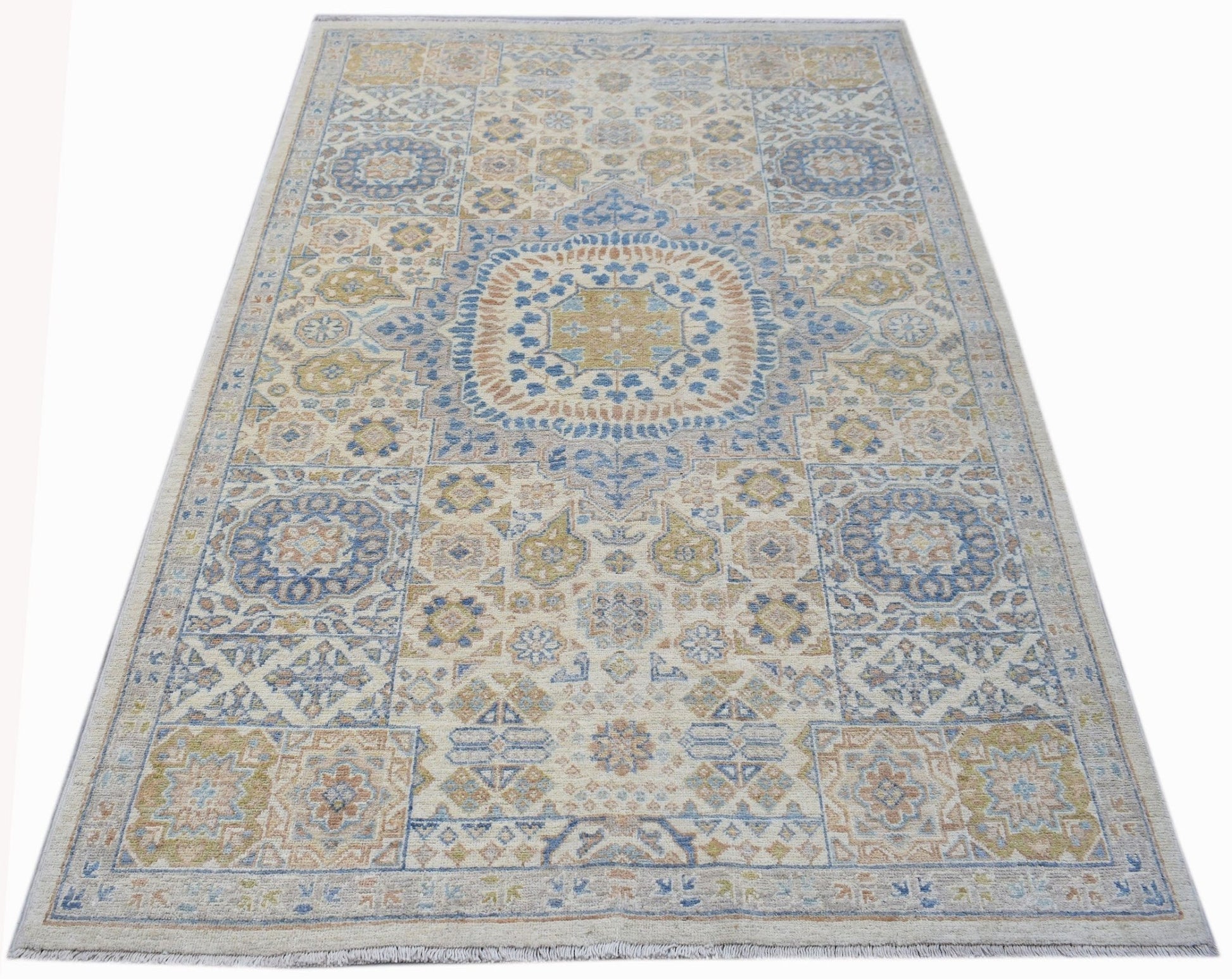 Handmade Afghan Chobi rug featuring a traditional Mamluk pattern in blue, gold, and beige tones.