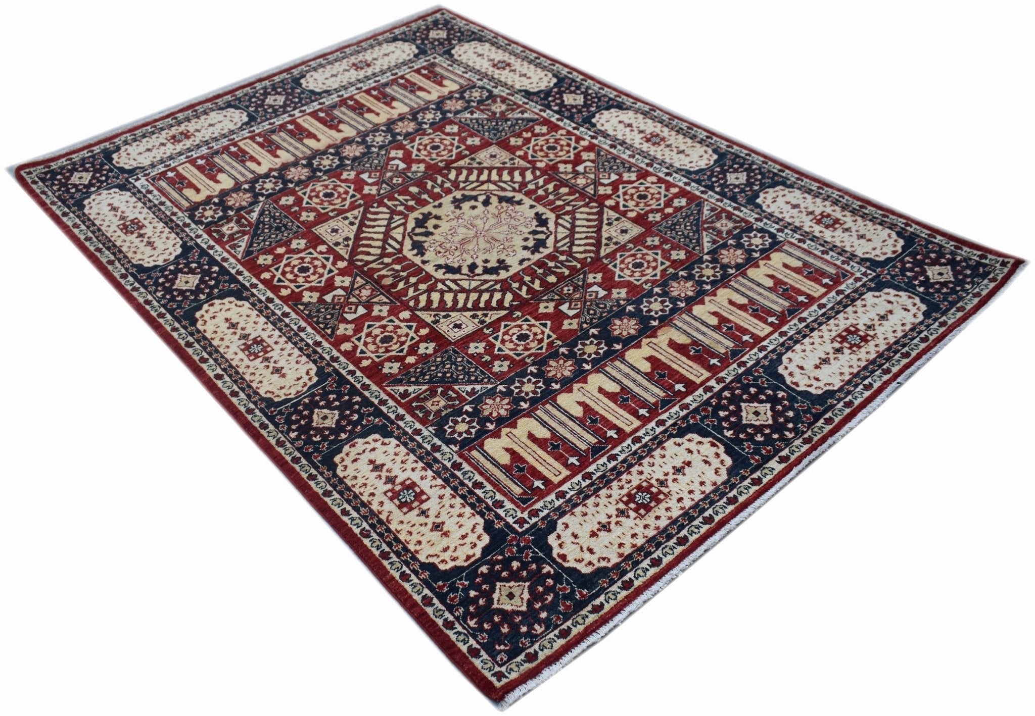 Handwoven Afghan Chobi rug featuring a traditional Mamluk medallion pattern in red and navy blue.