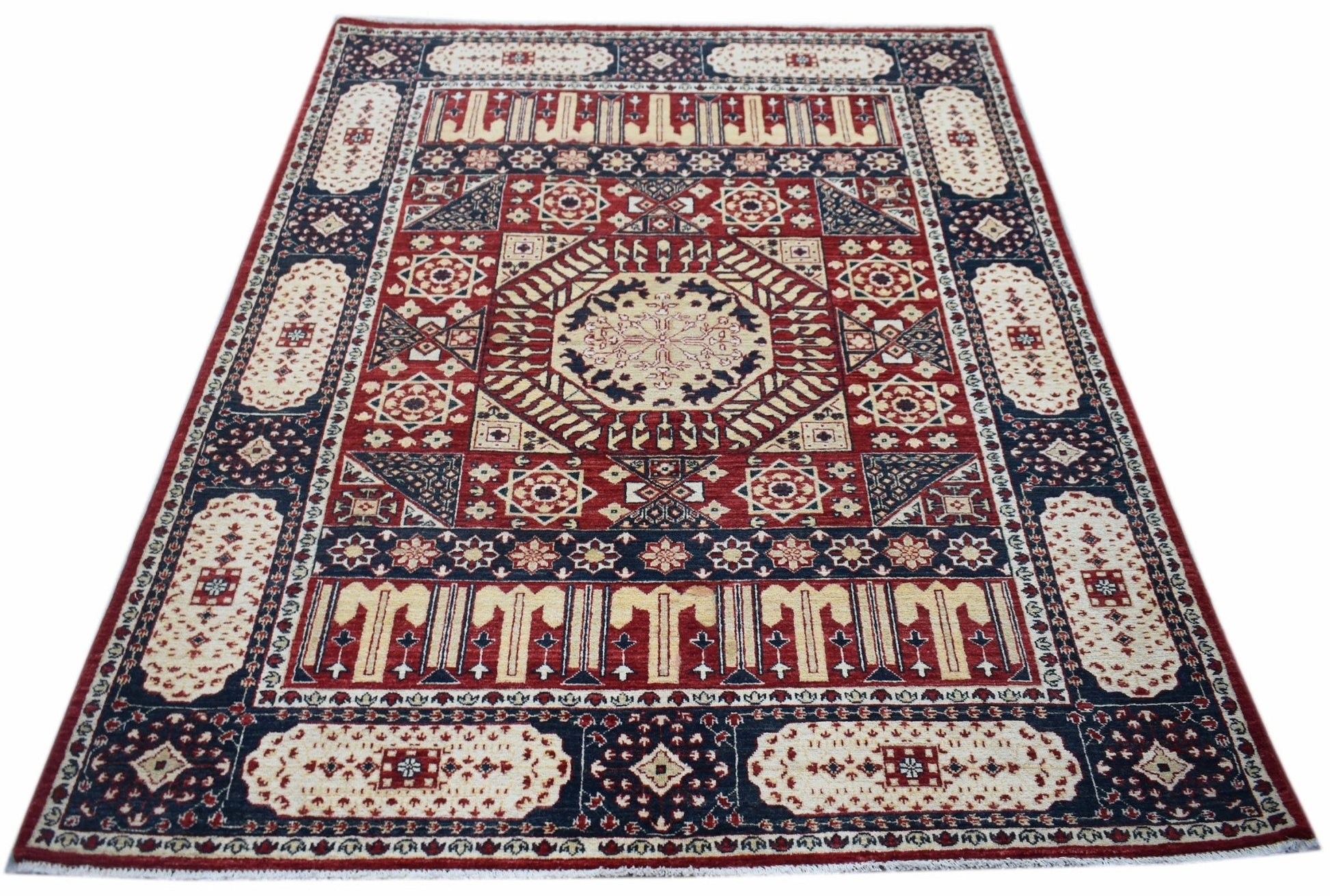 Handwoven Afghan Chobi rug featuring a traditional Mamluk medallion pattern in red and navy blue.