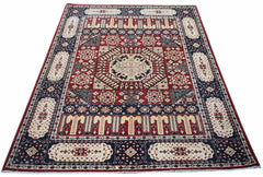 Handwoven Afghan Chobi rug featuring a traditional Mamluk medallion pattern in red and navy blue.