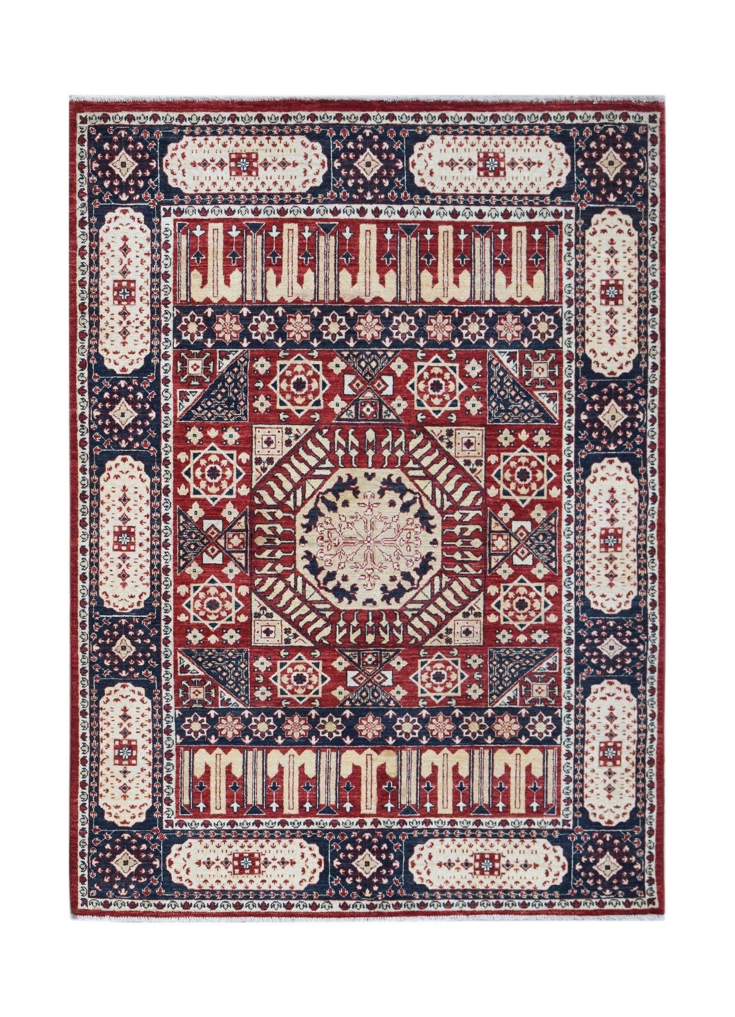 A rectangular handmade Afghan Chobi rug featuring a traditional red and blue Mamluk medallion design.