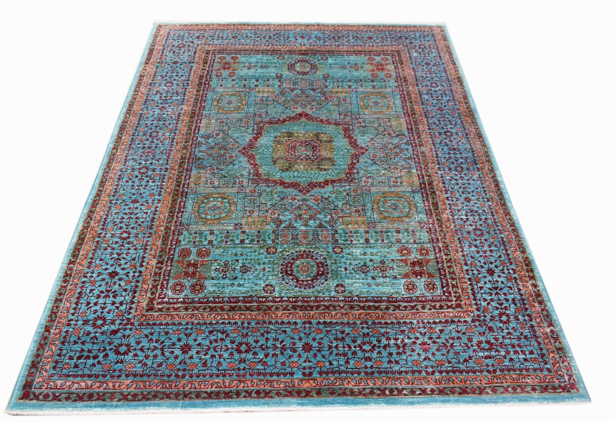 A rectangular Afghan Chobi rug featuring a detailed Mamluk medallion pattern in blue and red tones.