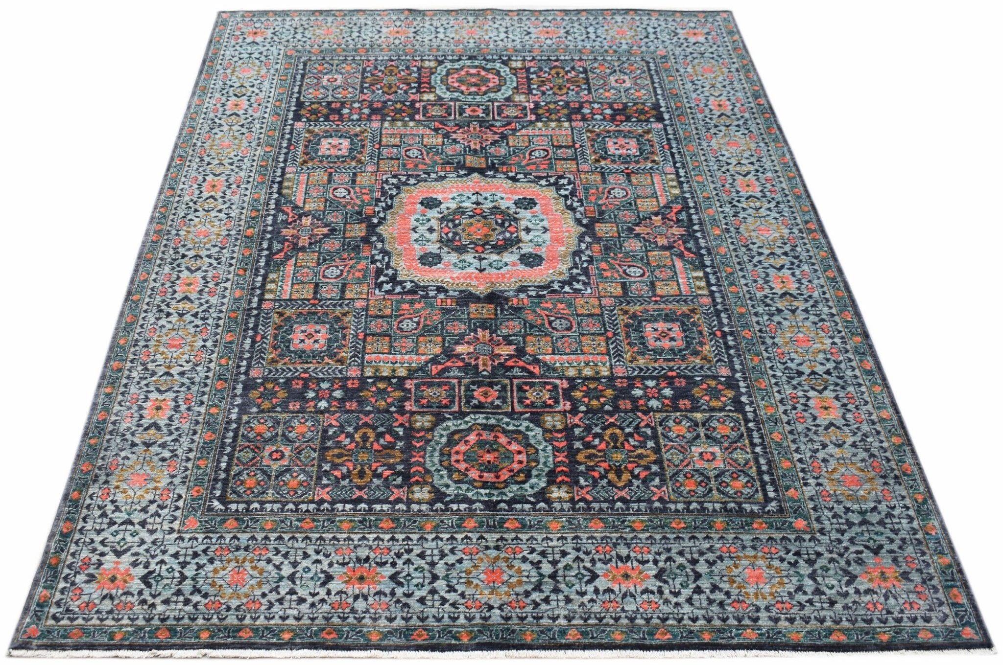 A rectangular Afghan Chobi rug featuring a detailed Mamluk medallion pattern in blue and coral.