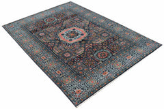 A rectangular Afghan Chobi rug featuring a complex Mamluk pattern in shades of blue and orange.