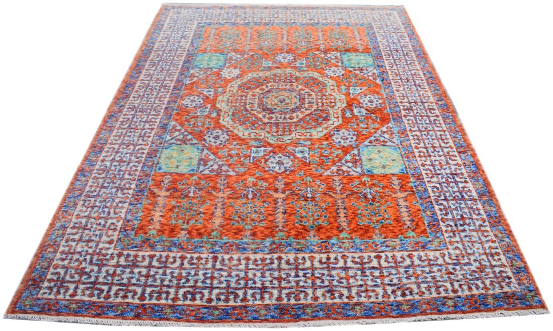 Handmade Afghan Chobi rug featuring a traditional Mamluk geometric pattern in orange and blue.