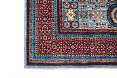 A handmade Afghan Chobi rug featuring a detailed Mamluk pattern in red, blue, and cream tones.