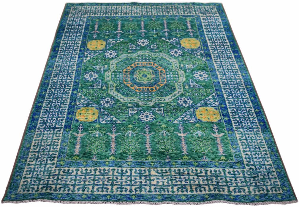 A handmade Afghan Chobi rug featuring a green field with a central Mamluk medallion and border.