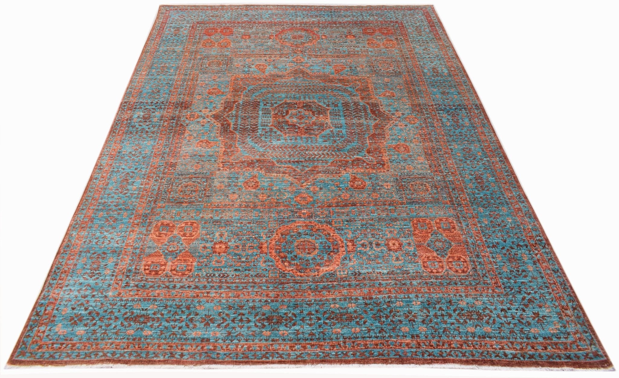 A rectangular Afghan Chobi rug featuring a detailed Mamluk medallion pattern in teal and rust.